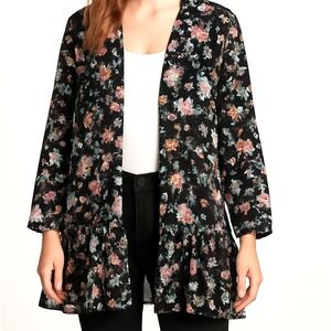 Banana Republic Womens Kimono Cover Up Size S Sheer Black‎ Floral Ruffle Hem Lq